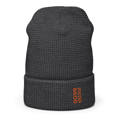 Soccer &God Vertical Orange Waffle Beanie